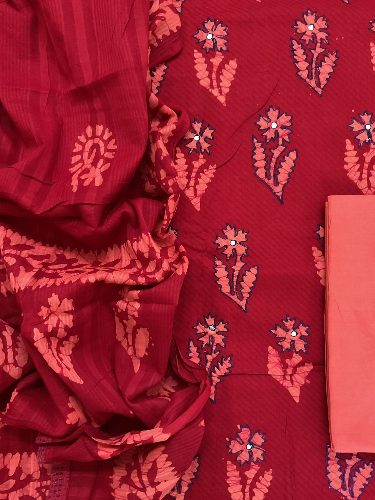 Pure Cotton Printed Embroidered Suit - Red