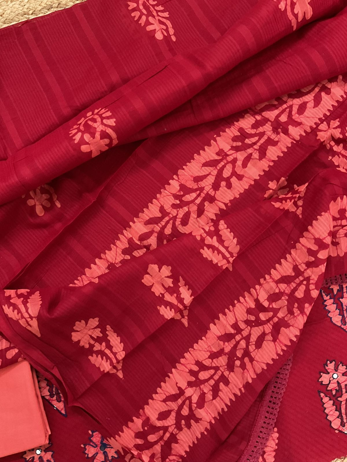 Pure Cotton Printed Embroidered Suit - Red