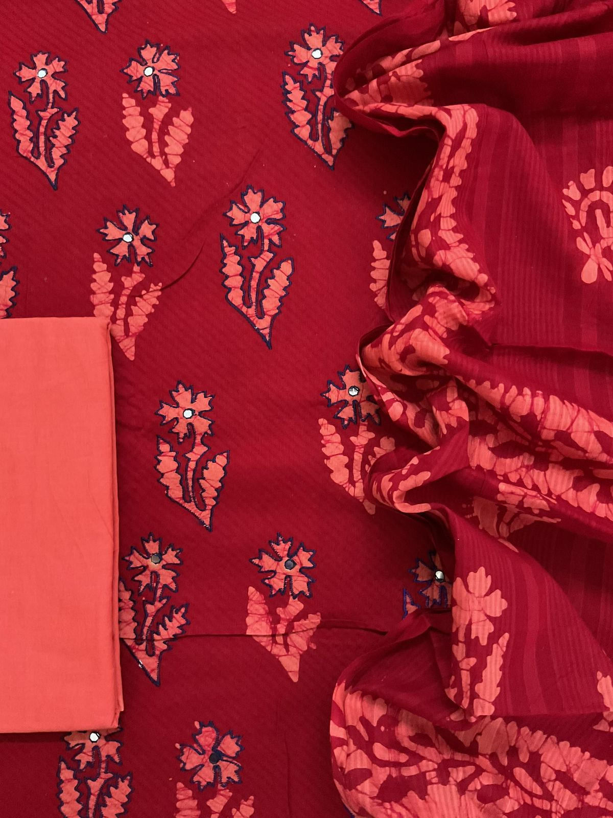 Pure Cotton Printed Embroidered Suit - Red