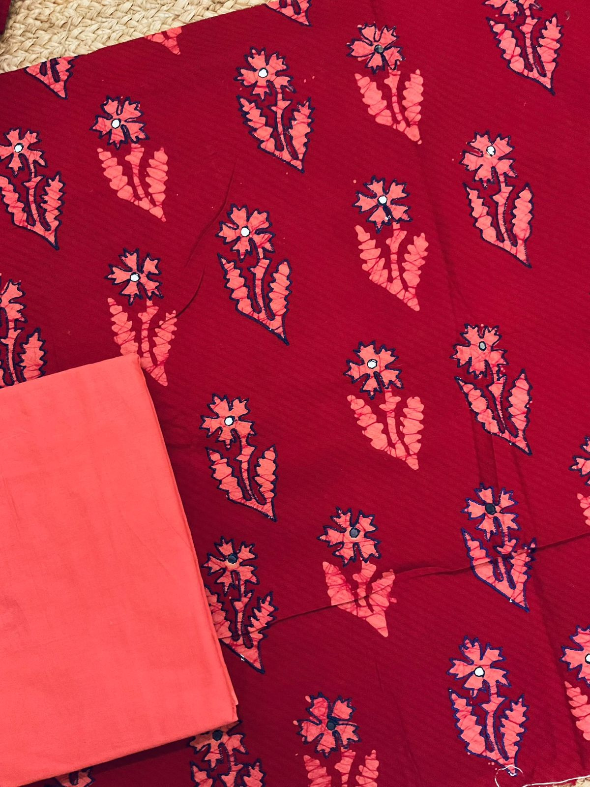 Pure Cotton Printed Embroidered Suit - Red