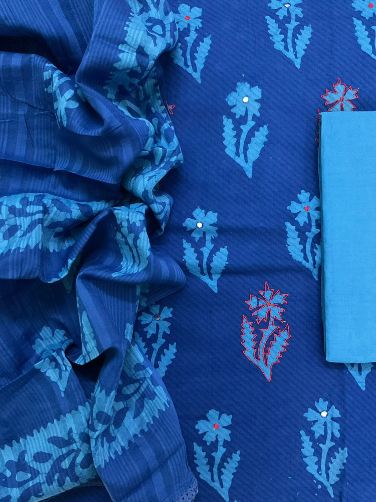 Image of Pure Cotton Printed Embroidered Suit - Blue