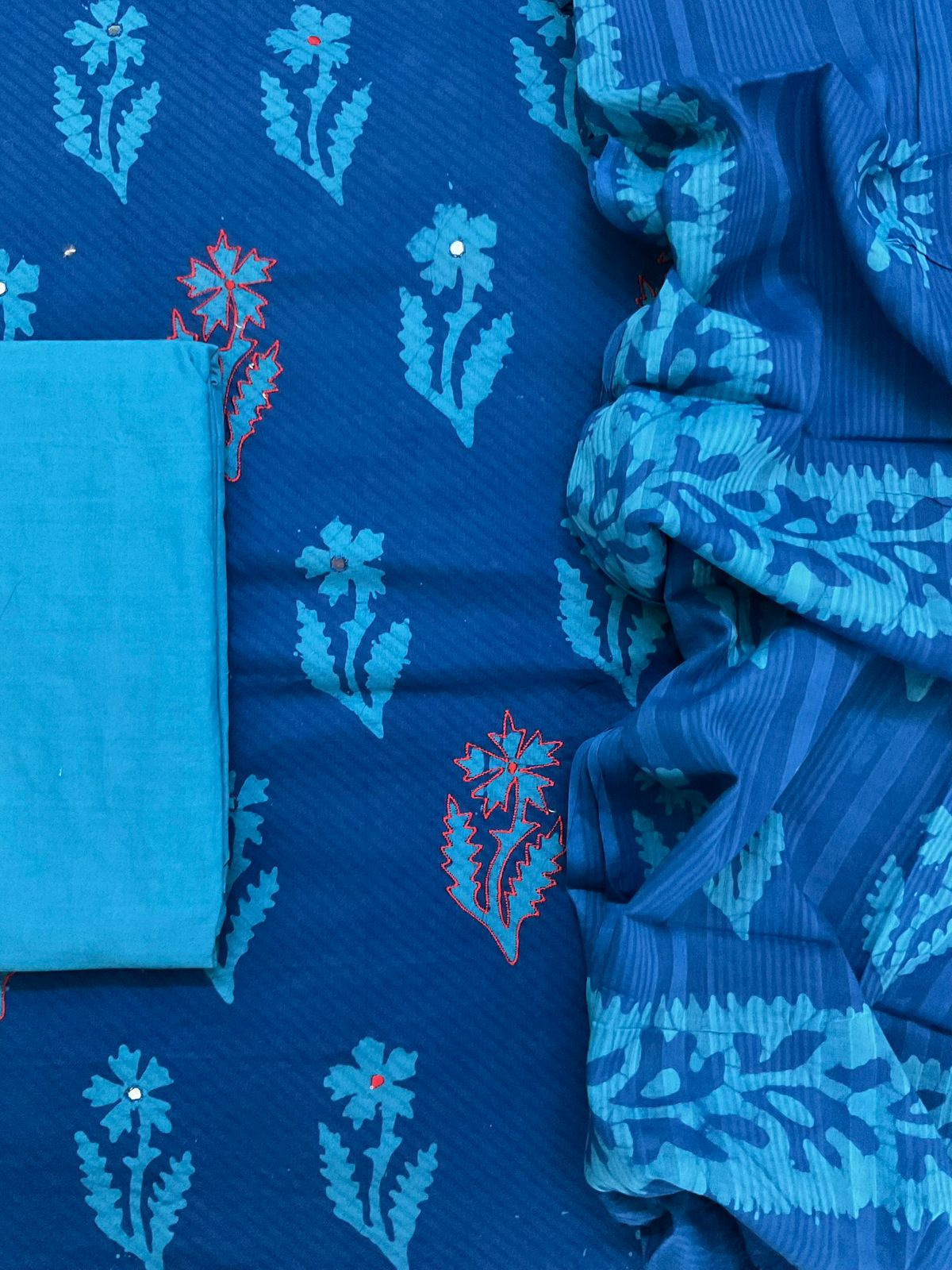Pure Cotton Printed Embroidered Suit - Blue