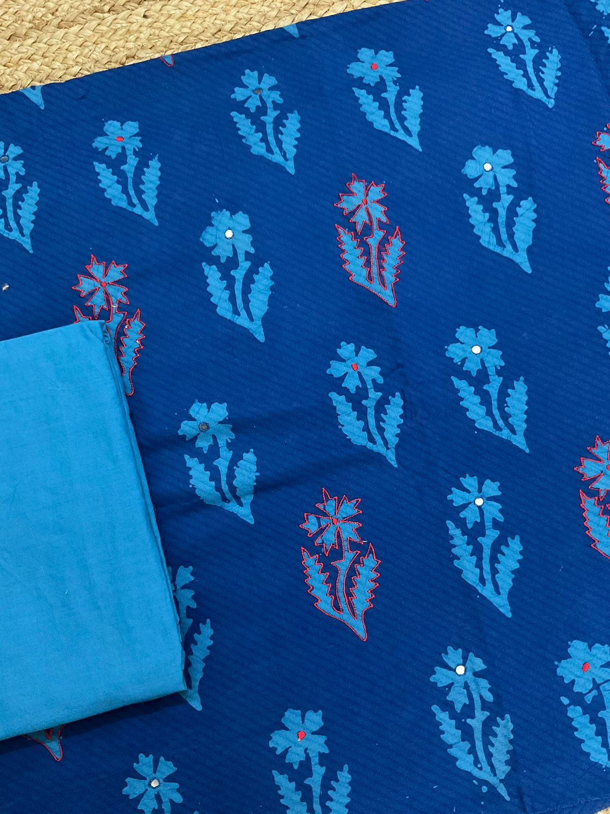 Pure Cotton Printed Embroidered Suit - Blue
