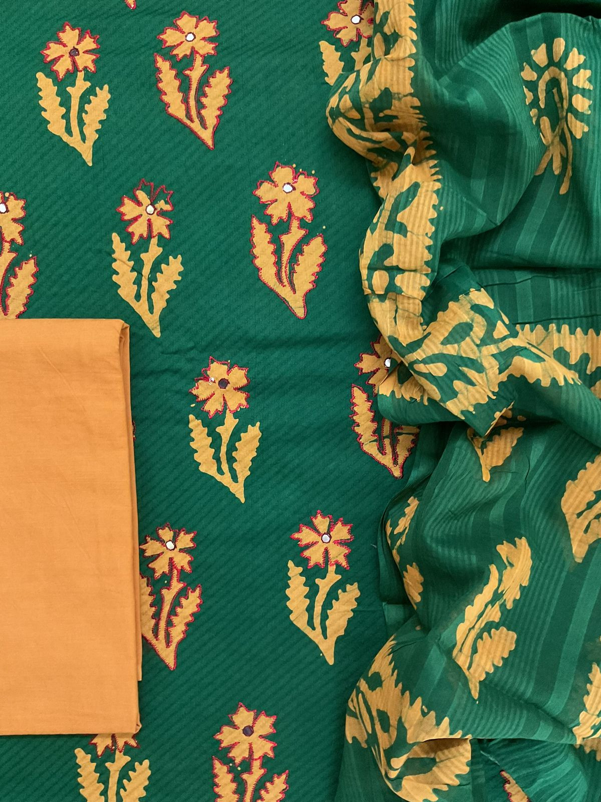 Pure Cotton Printed Embroidered Suit - Green