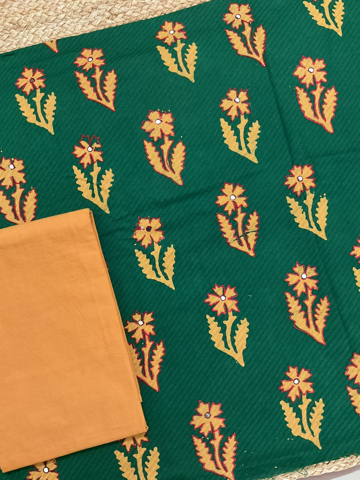 Pure Cotton Printed Embroidered Suit - Green