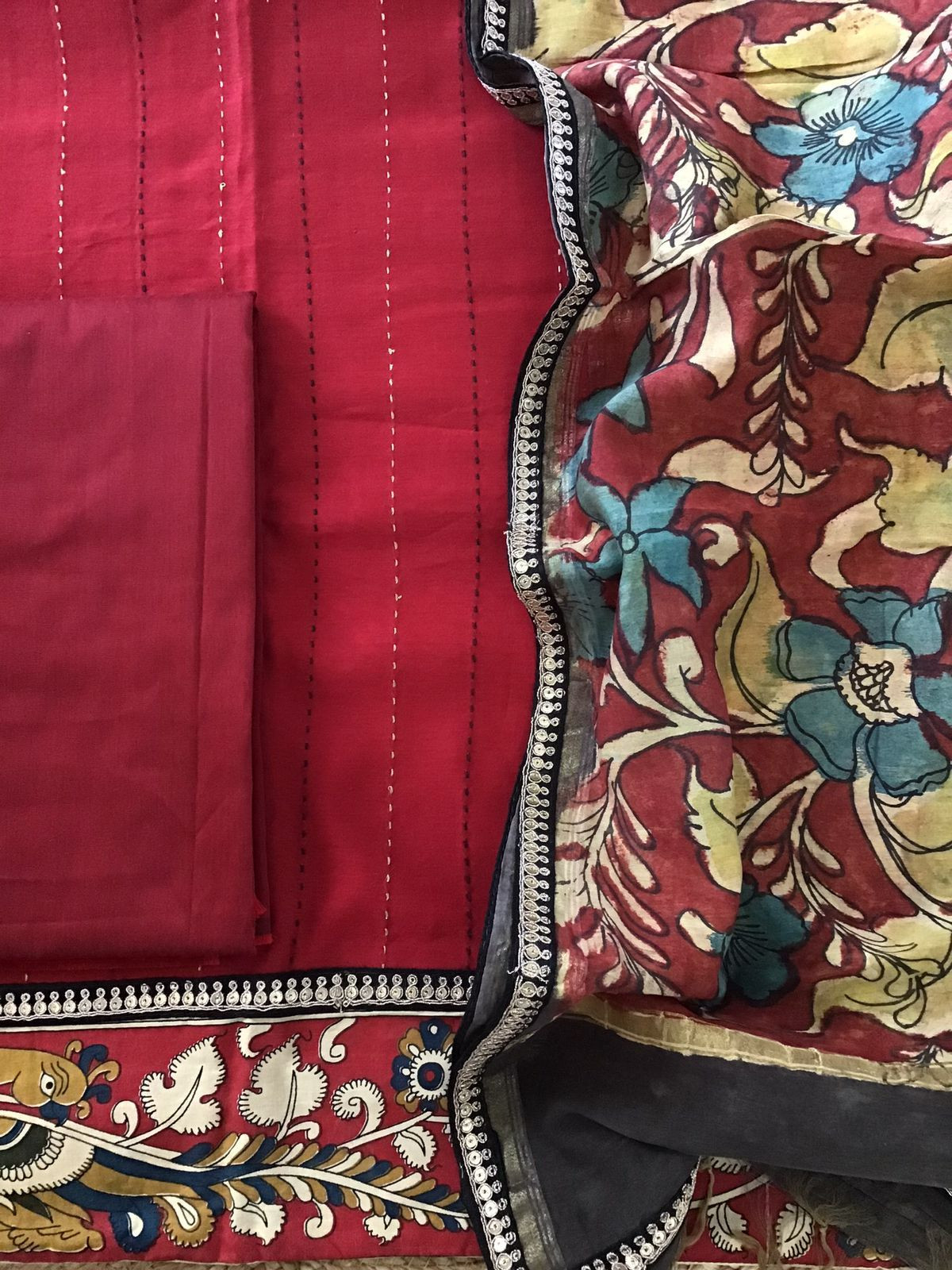 Pure Chanderi Printed Embroidered Suit - Red