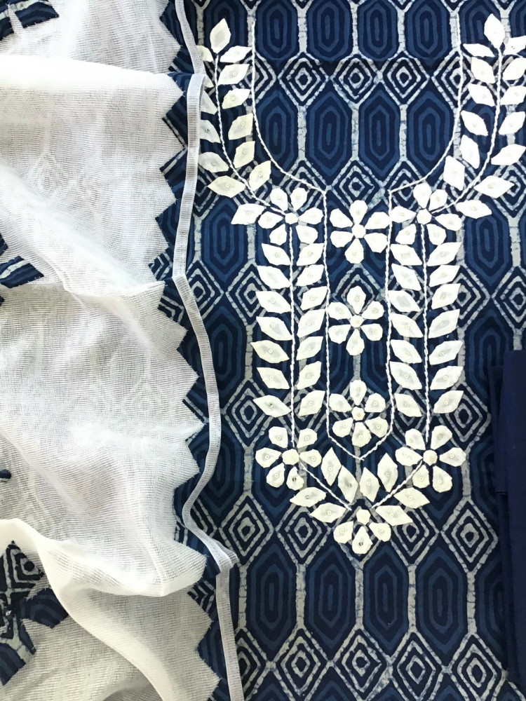 Image of Pure Cotton Printed Embroidered Suit - Blue