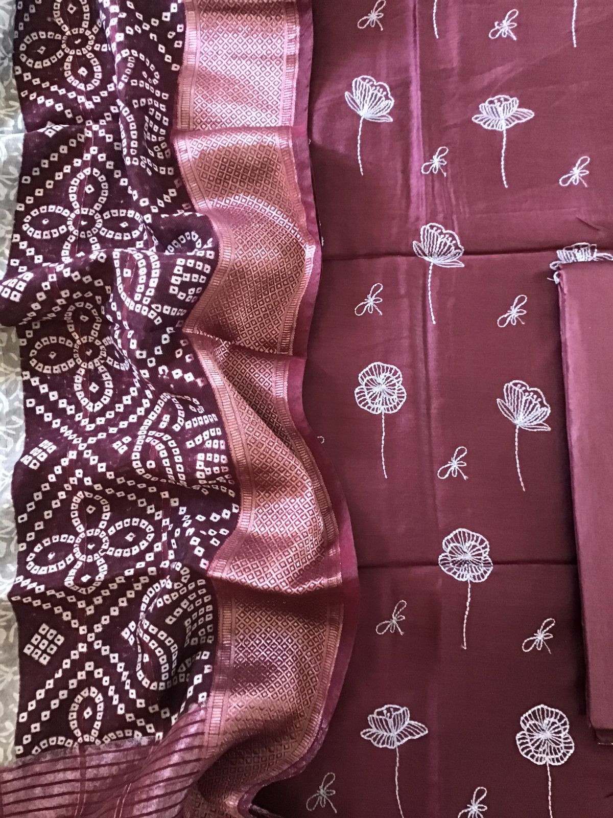 Soft Muslin Silk Printed Embroidered Suit - Maroon