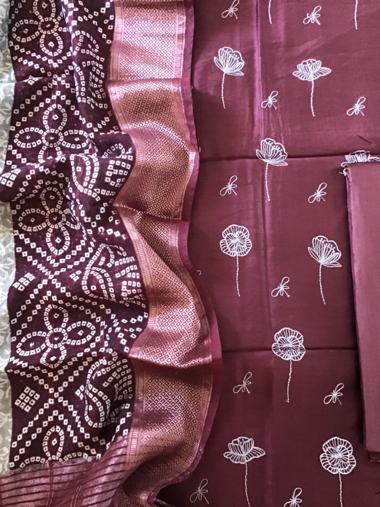 Image of Soft Muslin Silk Printed Embroidered Suit - Maroon