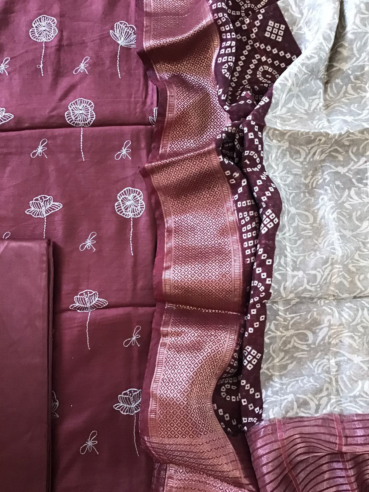 Soft Muslin Silk Printed Embroidered Suit - Maroon