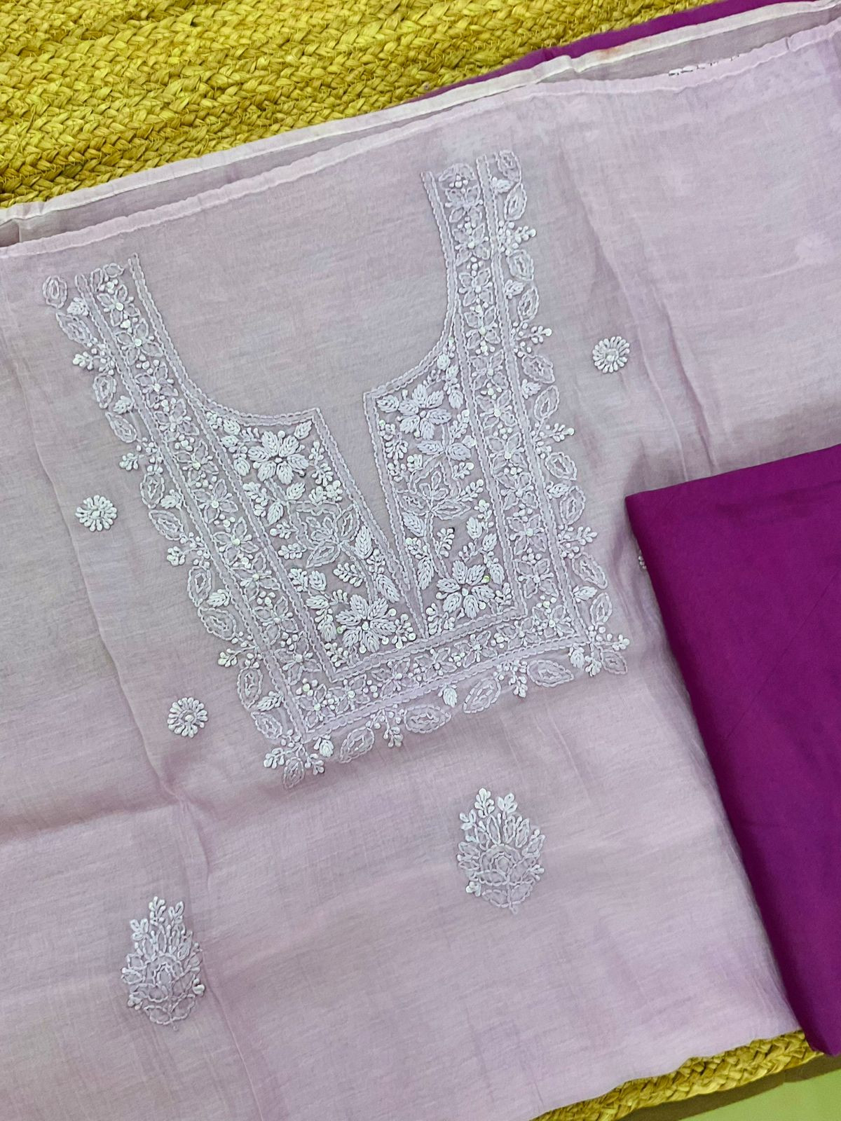 Pure Mul Chanderi Embroidered Suit - Lavender