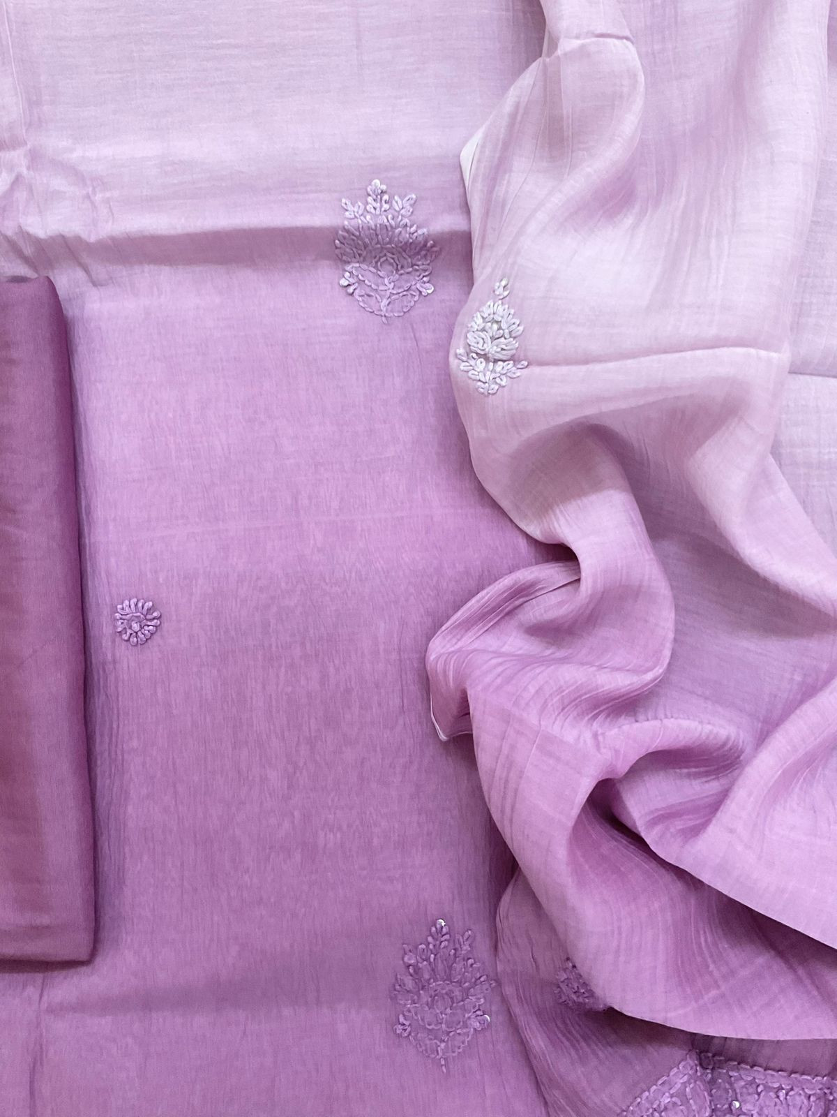 Pure Mul Chanderi Embroidered Suit - Lavender