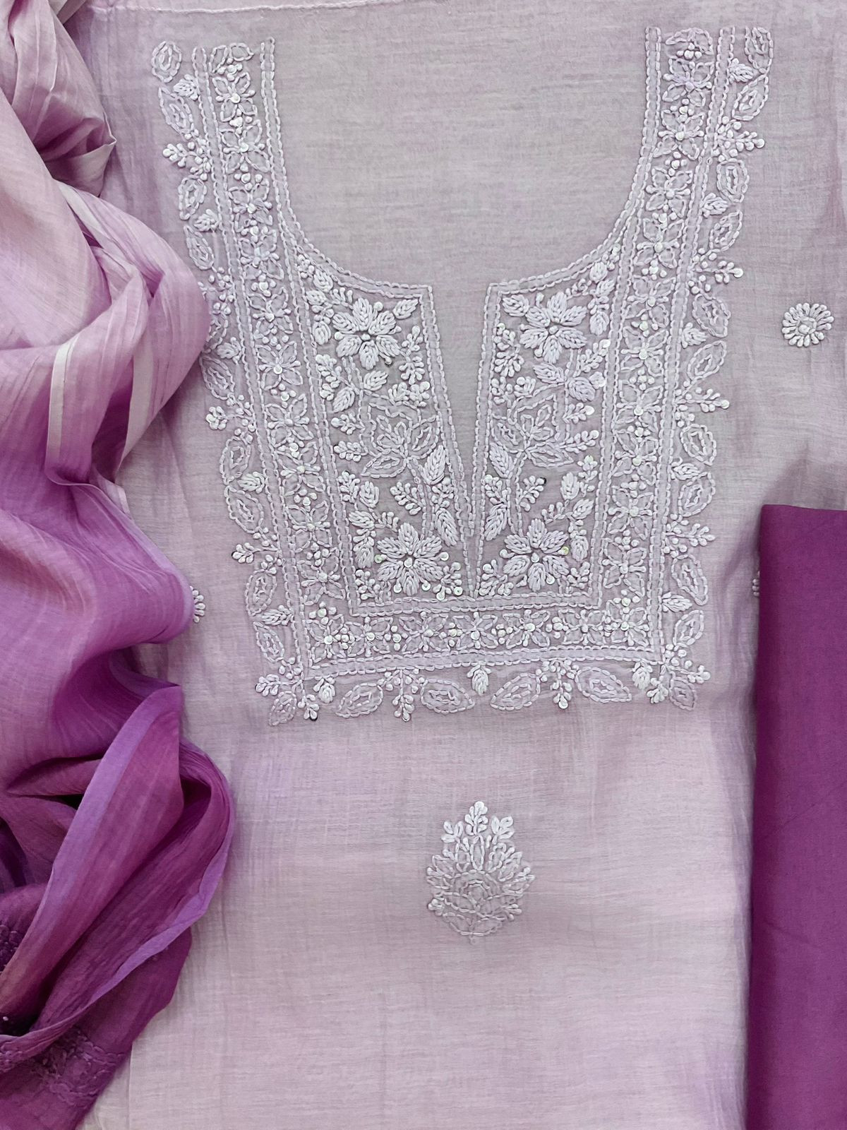Pure Mul Chanderi Embroidered Suit - Lavender