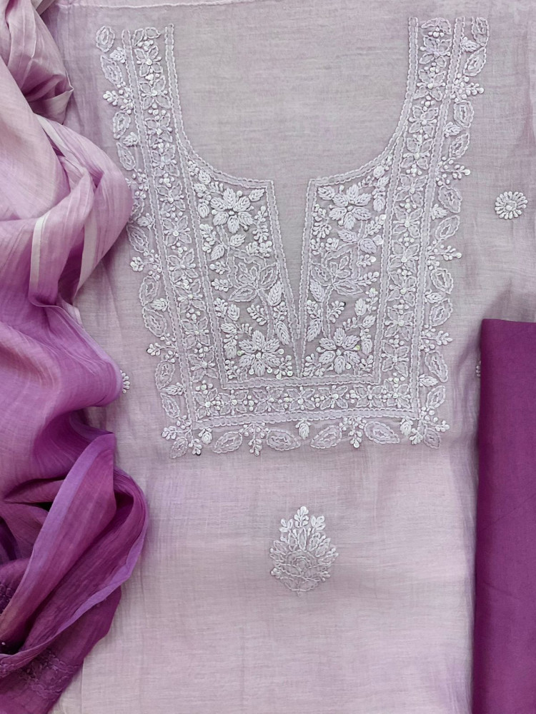 Image of Pure Mul Chanderi Embroidered Suit - Lavender