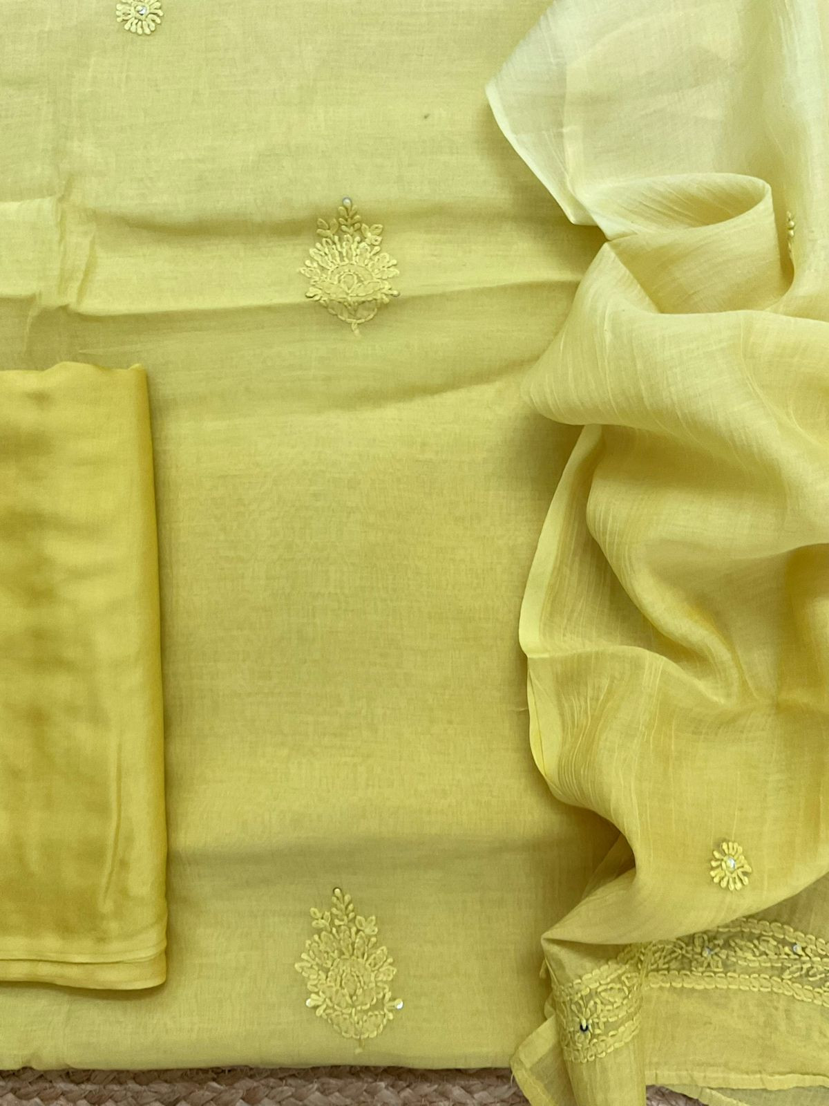 Pure Mul Chanderi Embroidered Suit - Yellow