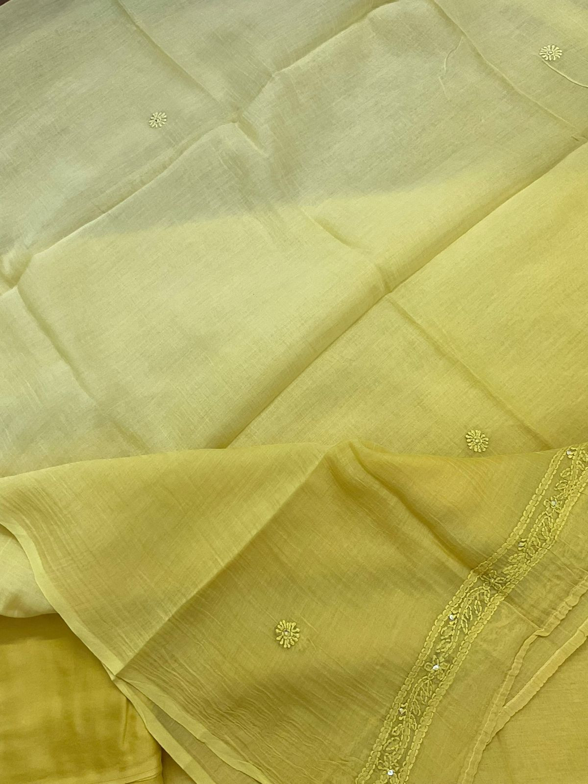 Pure Mul Chanderi Embroidered Suit - Yellow