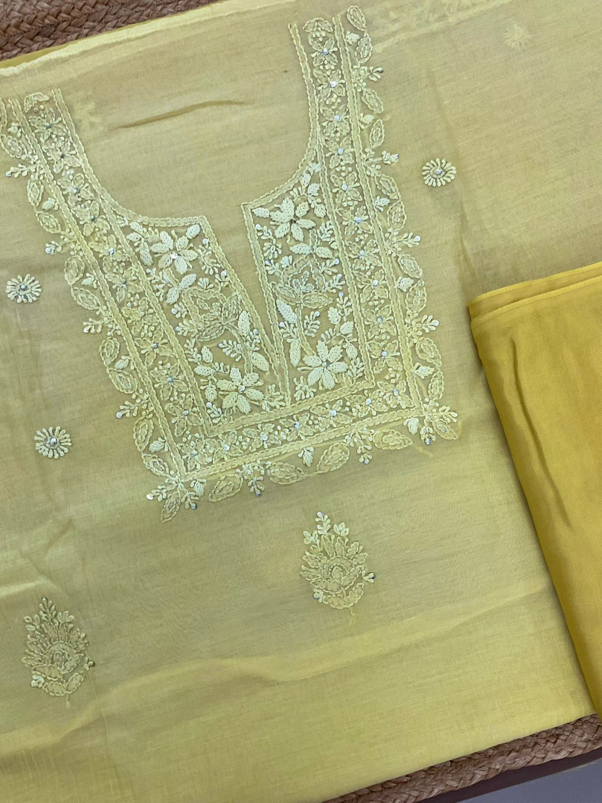 Pure Mul Chanderi Embroidered Suit - Yellow