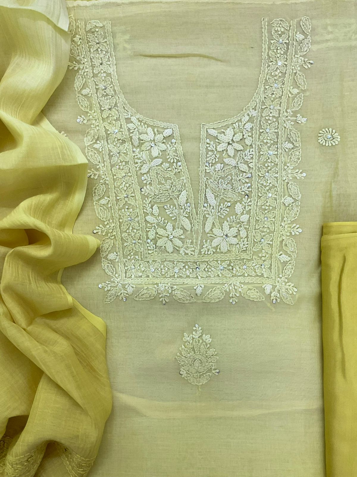Pure Mul Chanderi Embroidered Suit - Yellow