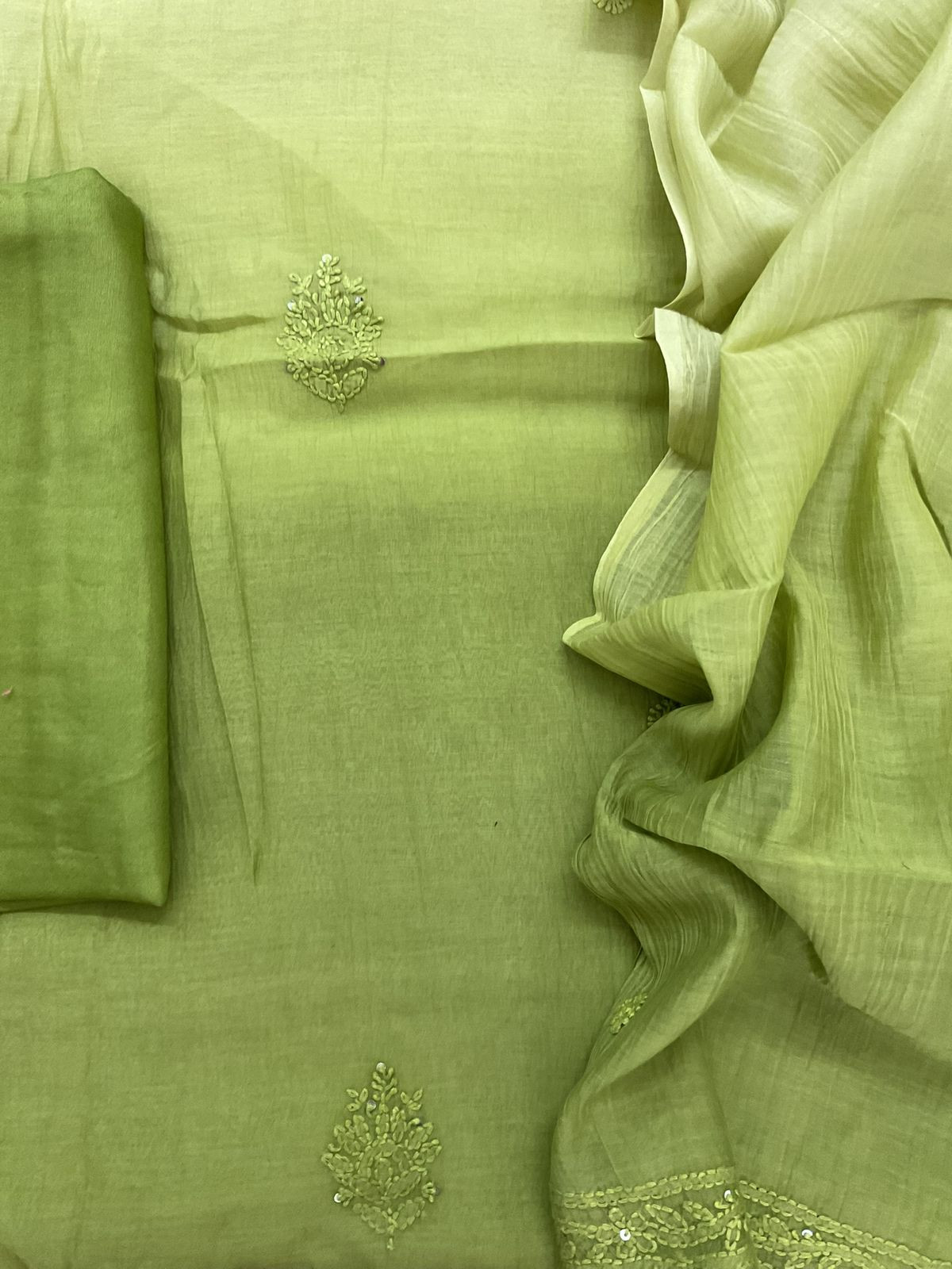 Pure Mul Chanderi Embroidered Suit - Green