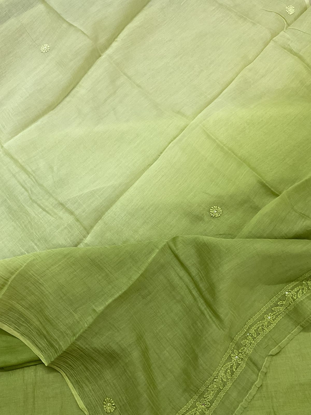 Pure Mul Chanderi Embroidered Suit - Green