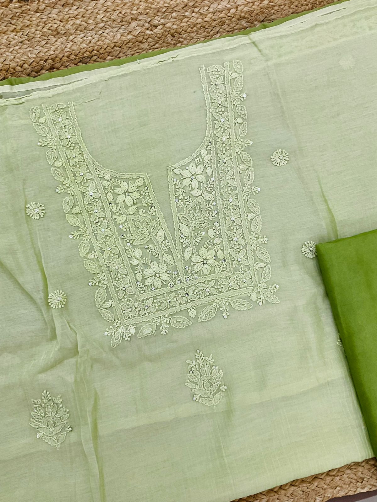 Pure Mul Chanderi Embroidered Suit - Green