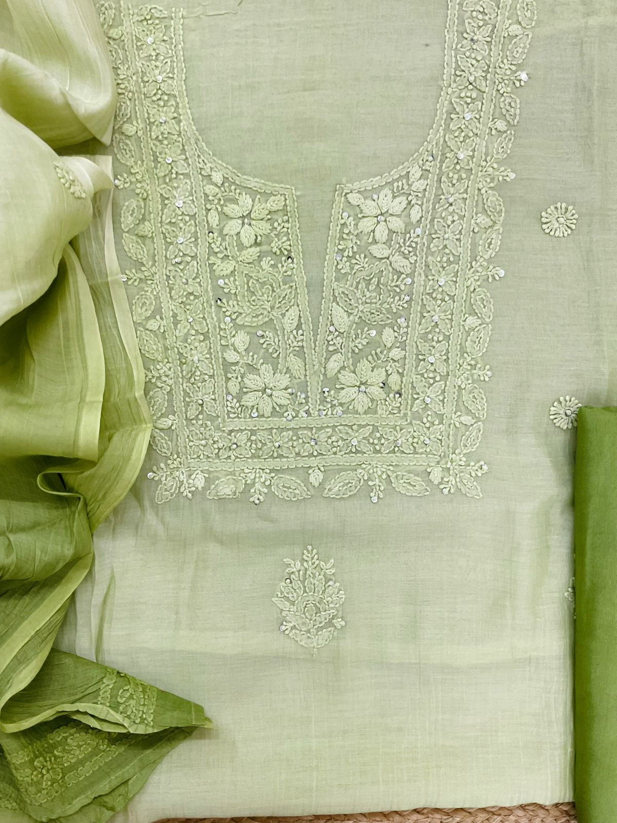 Pure Mul Chanderi Embroidered Suit - Green