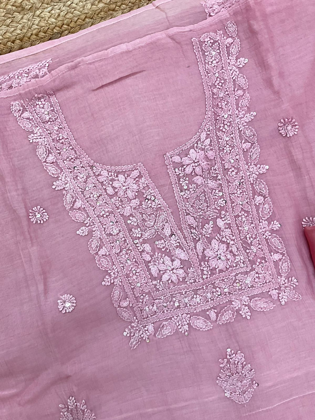 Pure Mul Chanderi Embroidered Suit - Pink