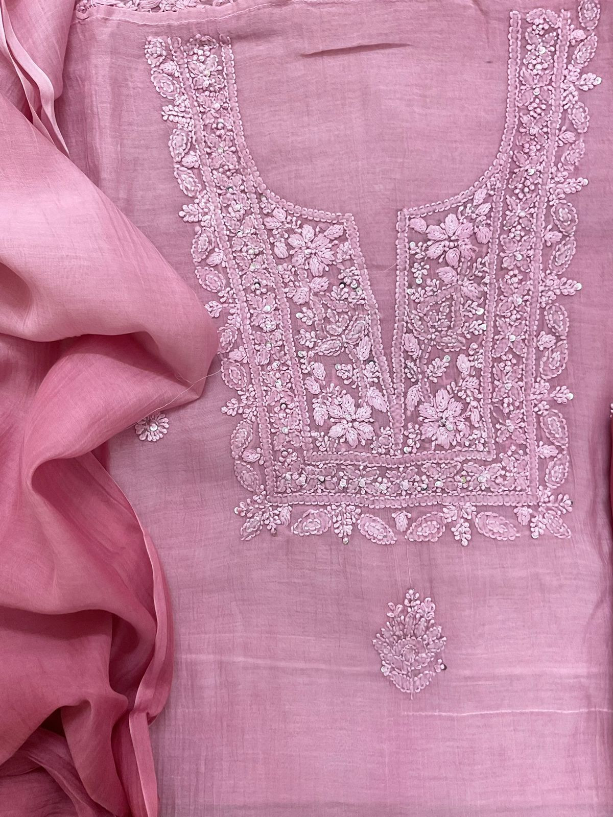 Pure Mul Chanderi Embroidered Suit - Pink