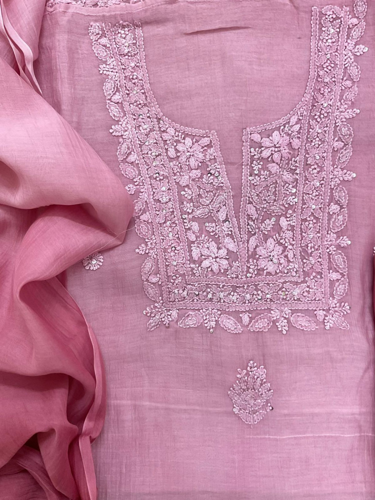 Image of Pure Mul Chanderi Embroidered Suit - Pink