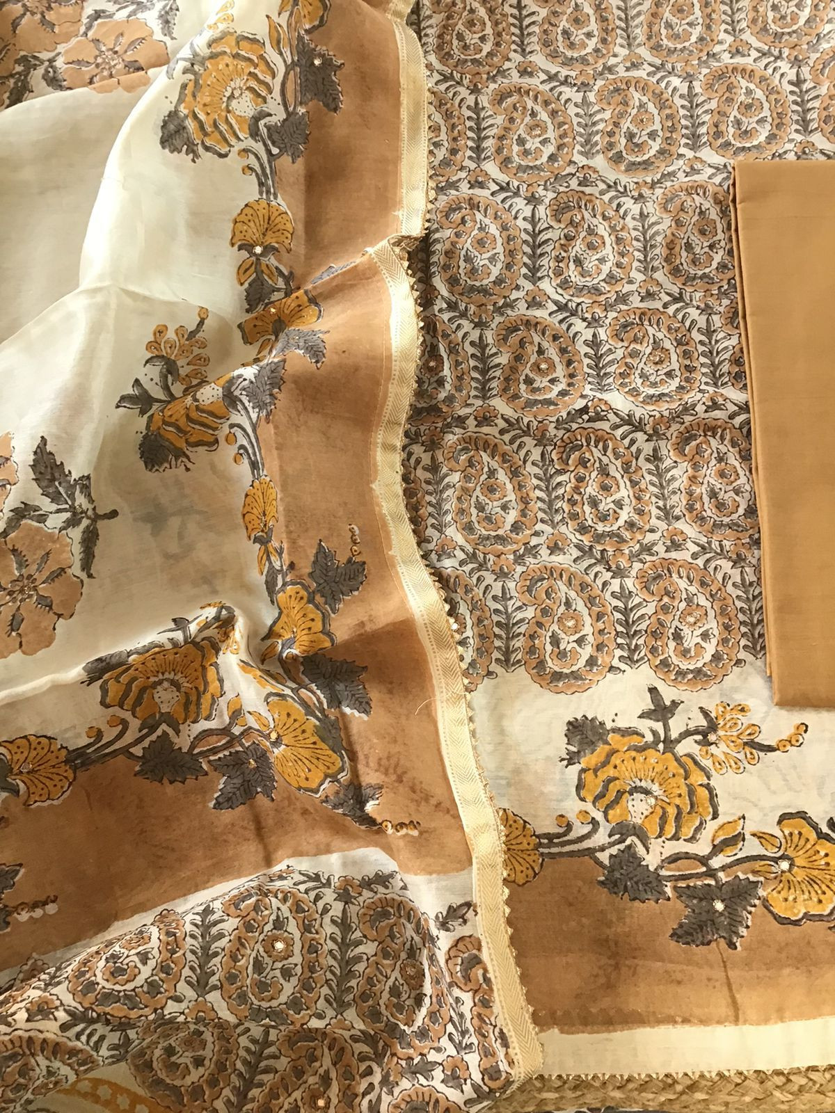 Pure Chanderi Printed Embroidered Suit - Beige