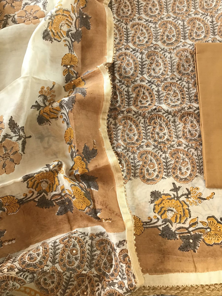 Image of Pure Chanderi Printed Embroidered Suit - Beige