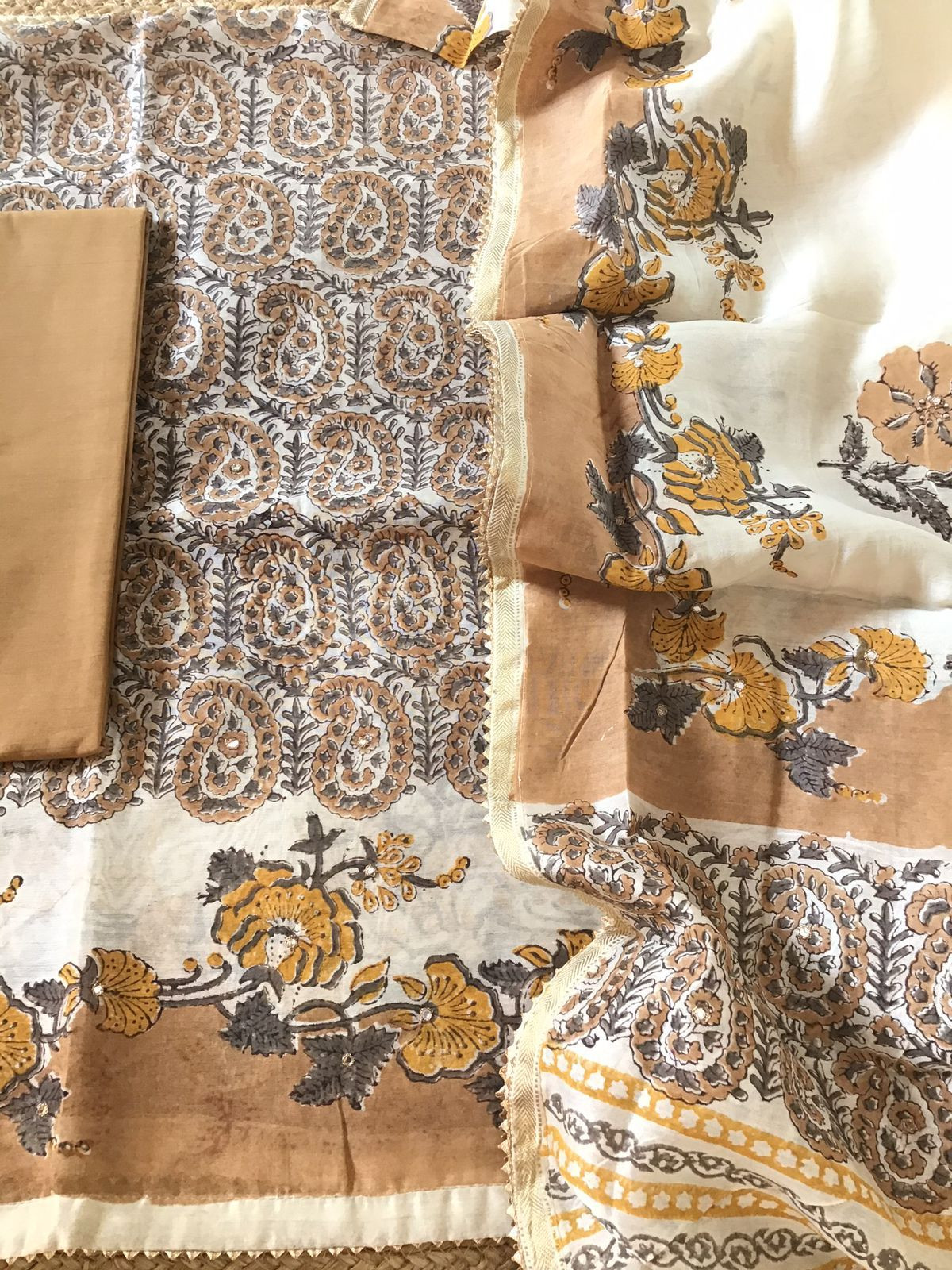 Pure Chanderi Printed Embroidered Suit - Beige