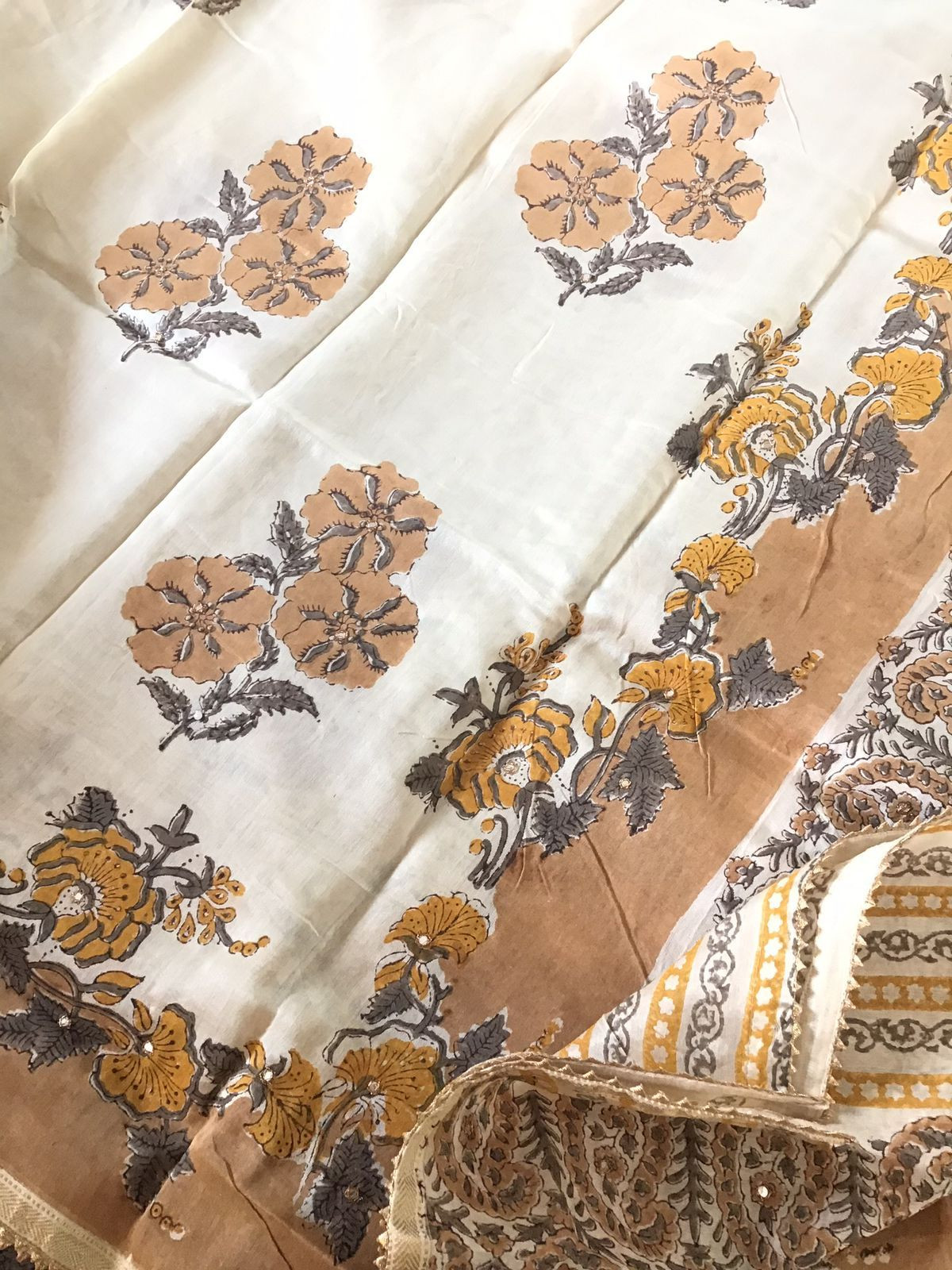 Pure Chanderi Printed Embroidered Suit - Beige