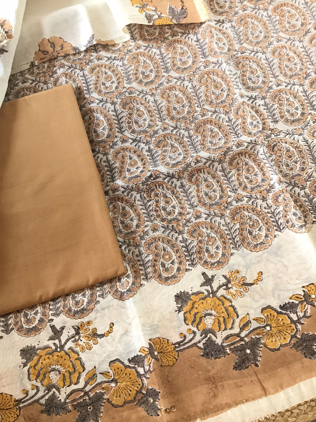 Pure Chanderi Printed Embroidered Suit - Beige