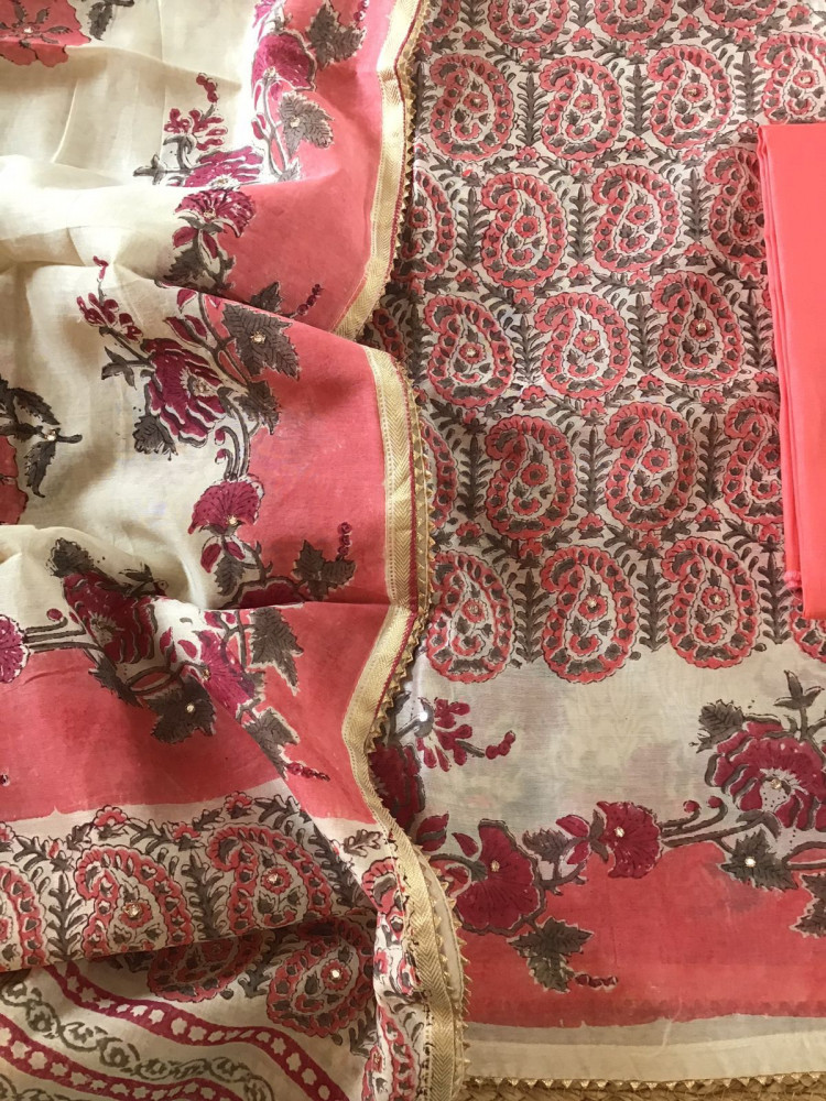 Image of Pure Chanderi Printed Embroidered Suit - Beige