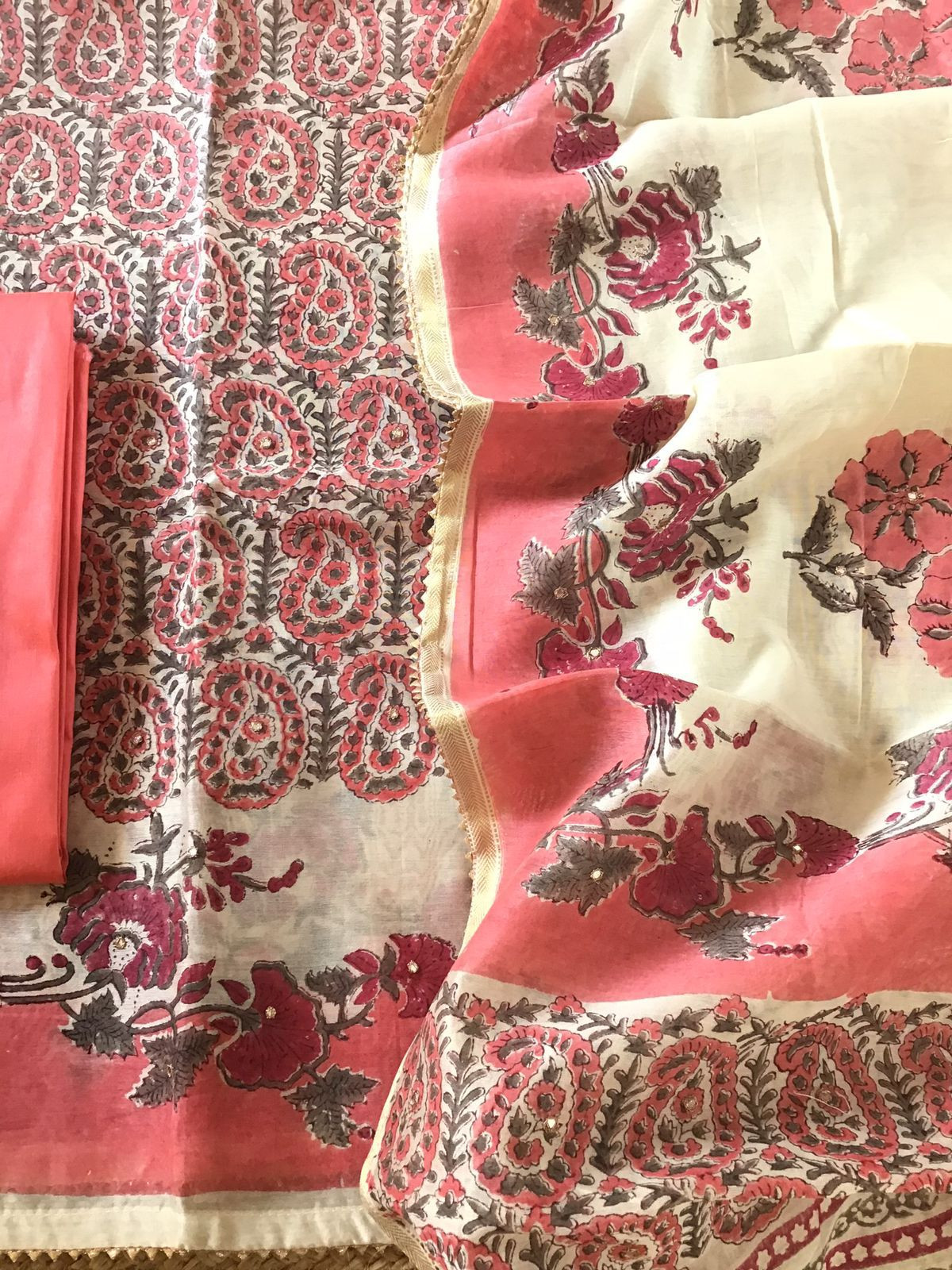 Pure Chanderi Printed Embroidered Suit - Beige