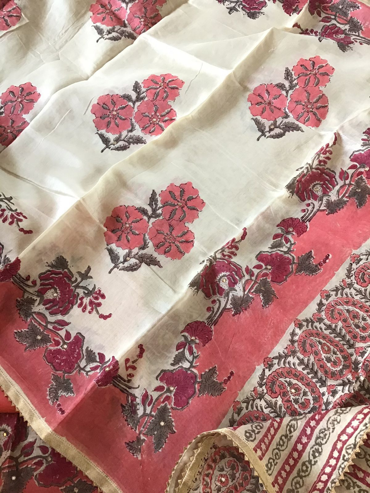 Pure Chanderi Printed Embroidered Suit - Beige