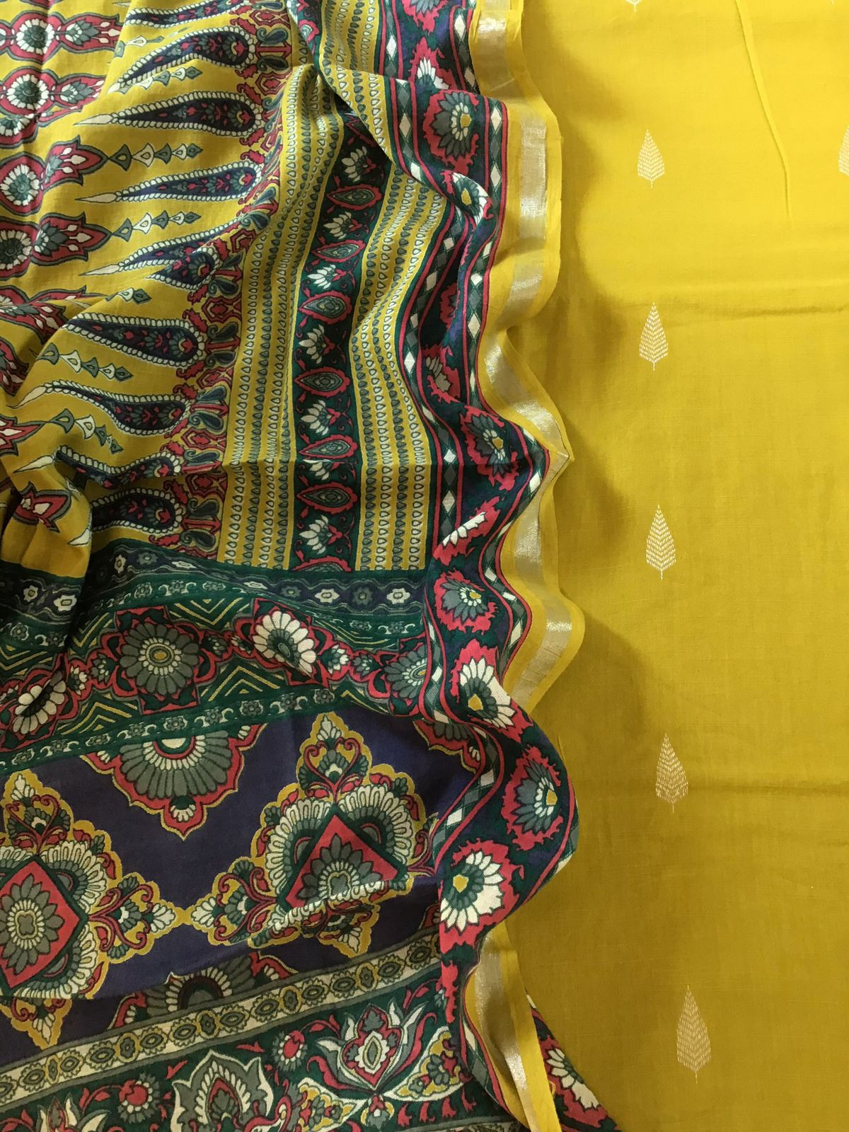 Pure Linen Jute Cotton Printed Suit - Yellow