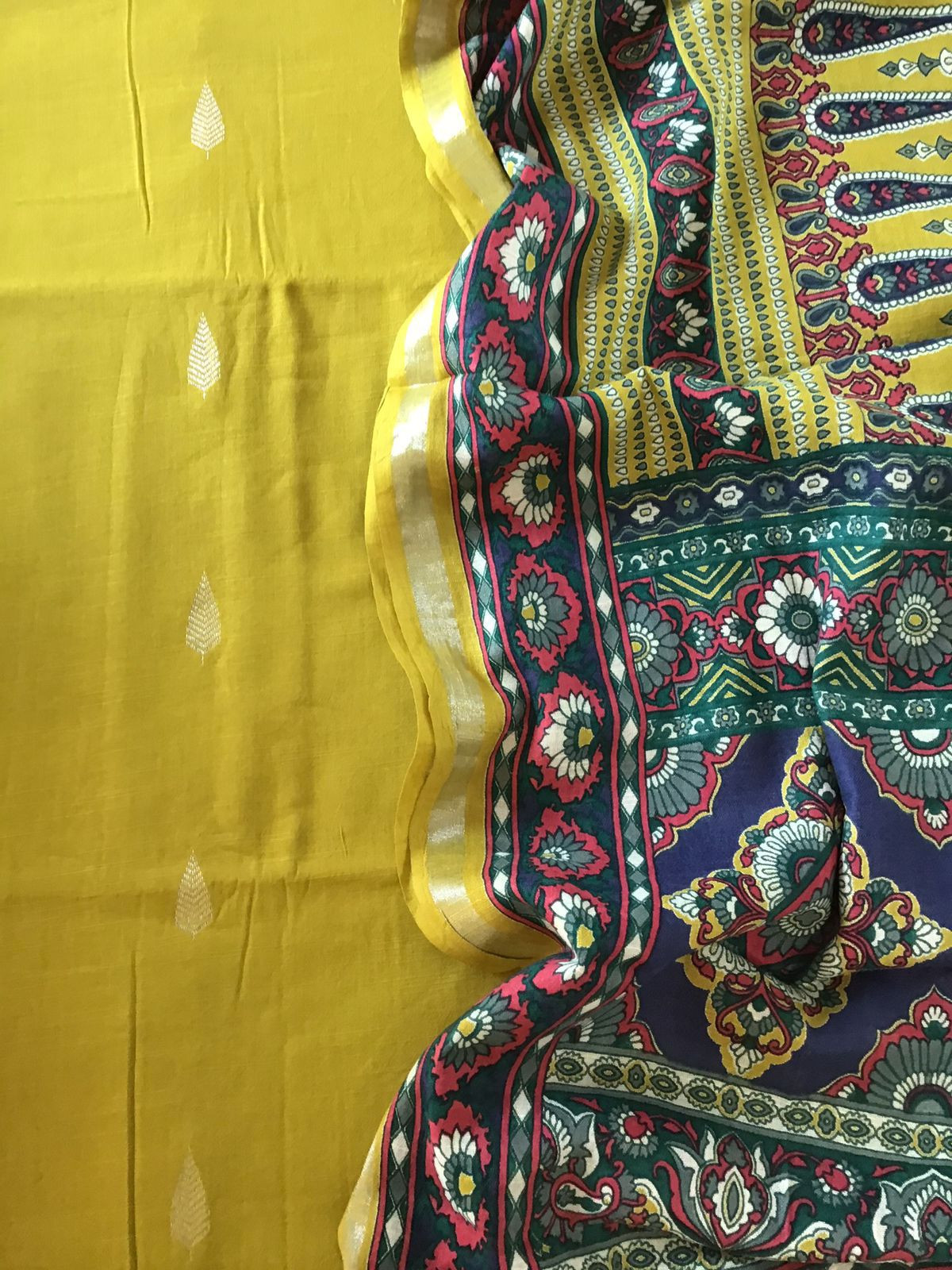 Pure Linen Jute Cotton Printed Suit - Yellow