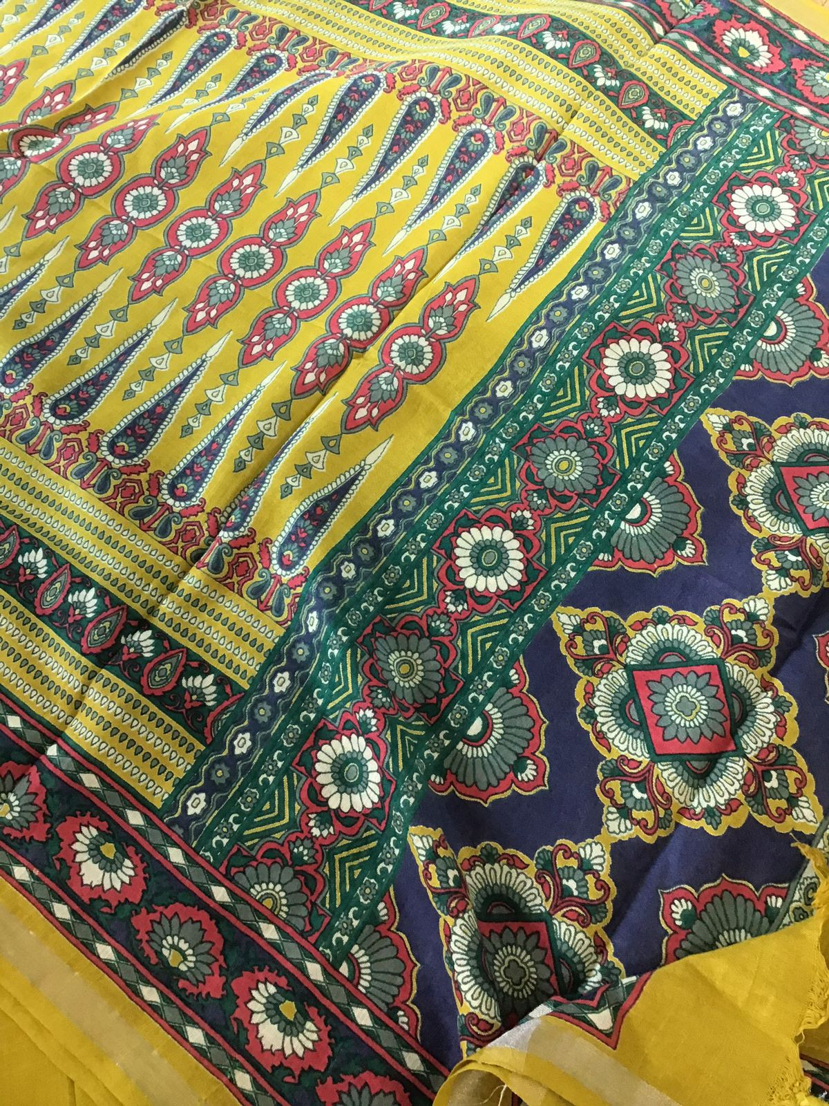 Pure Linen Jute Cotton Printed Suit - Yellow