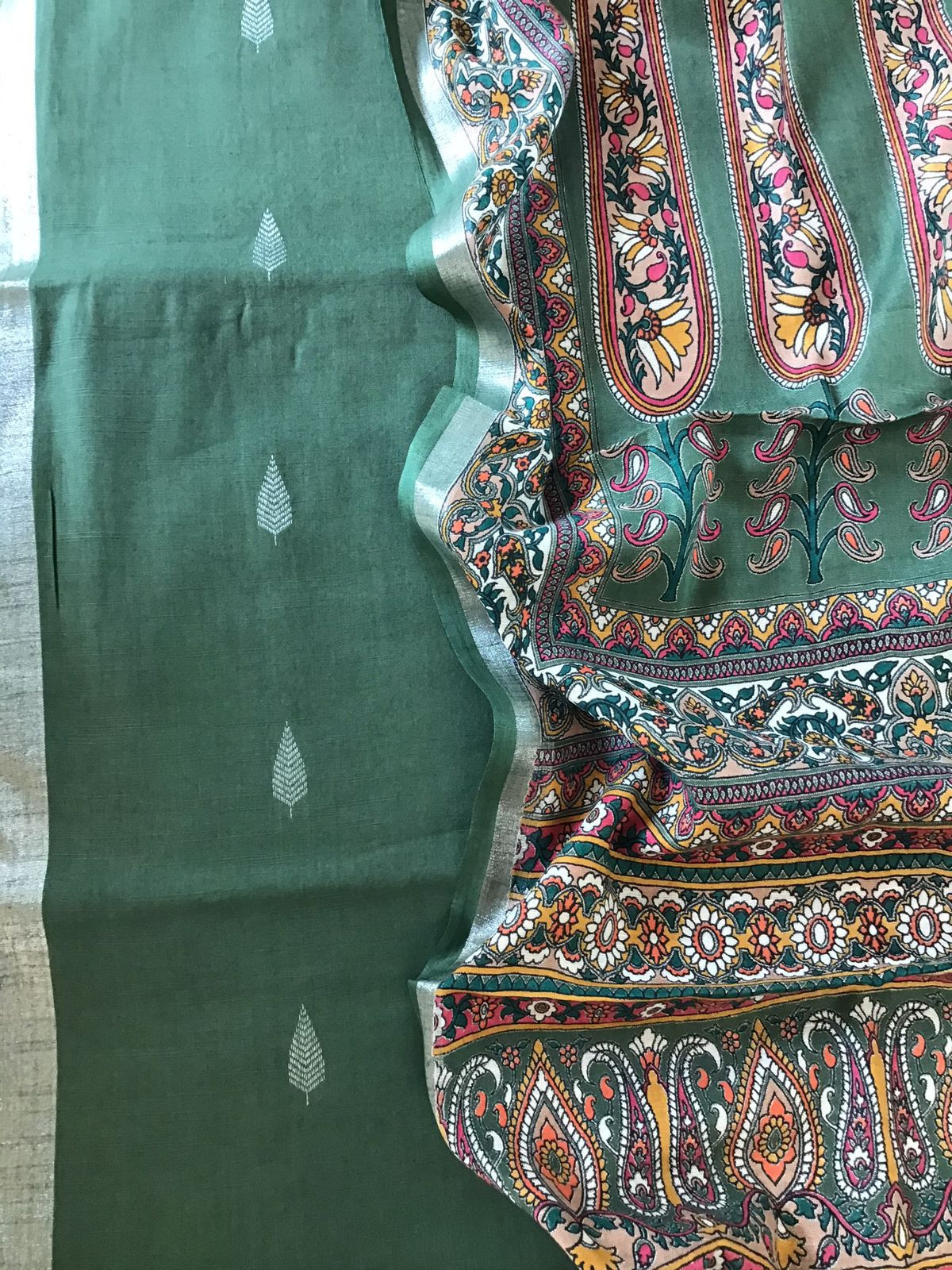 Pure Linen Jute Cotton Printed Suit - Green