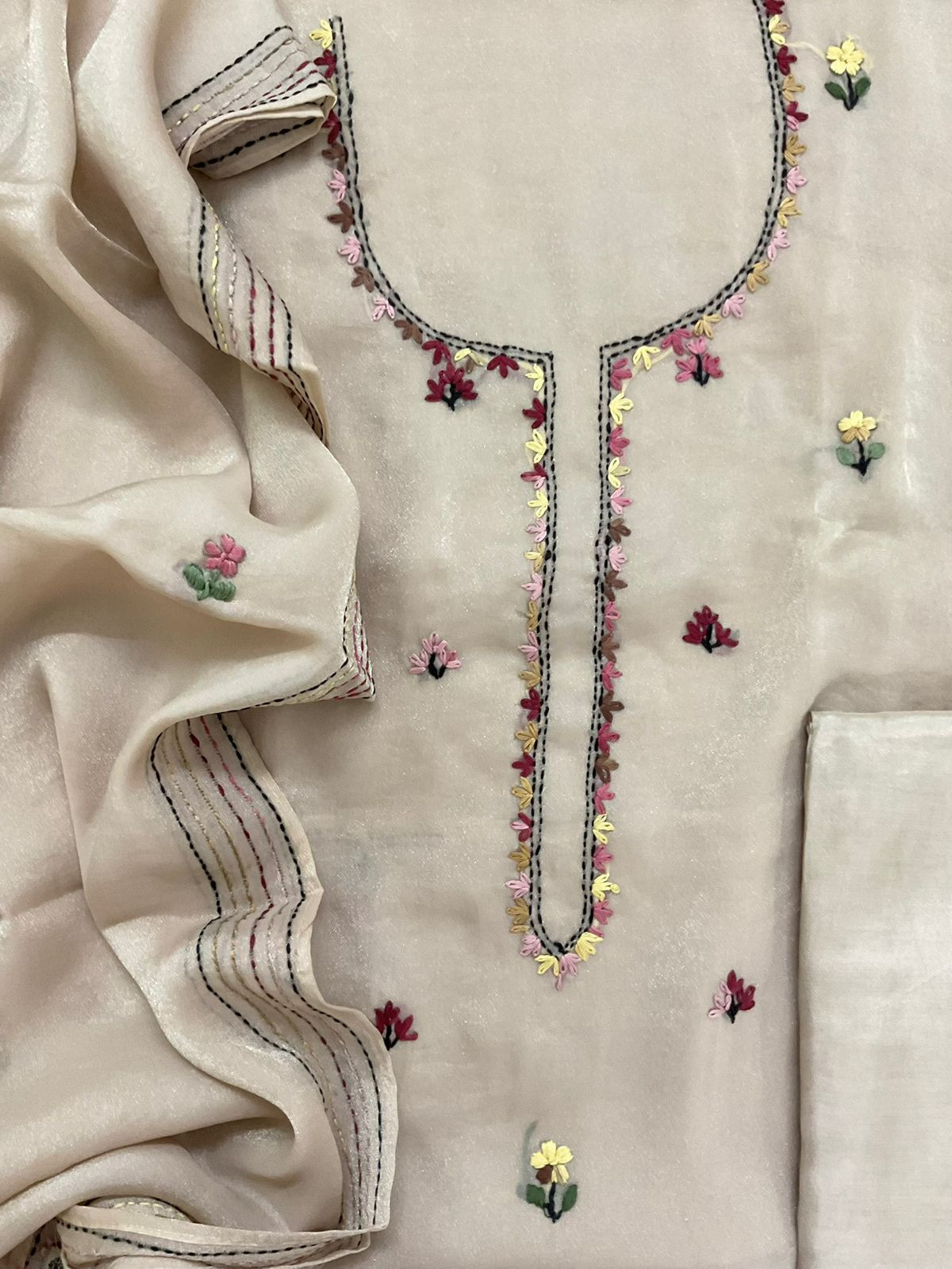 Pure Glass Tissue Embroidered Suit - Light Beige