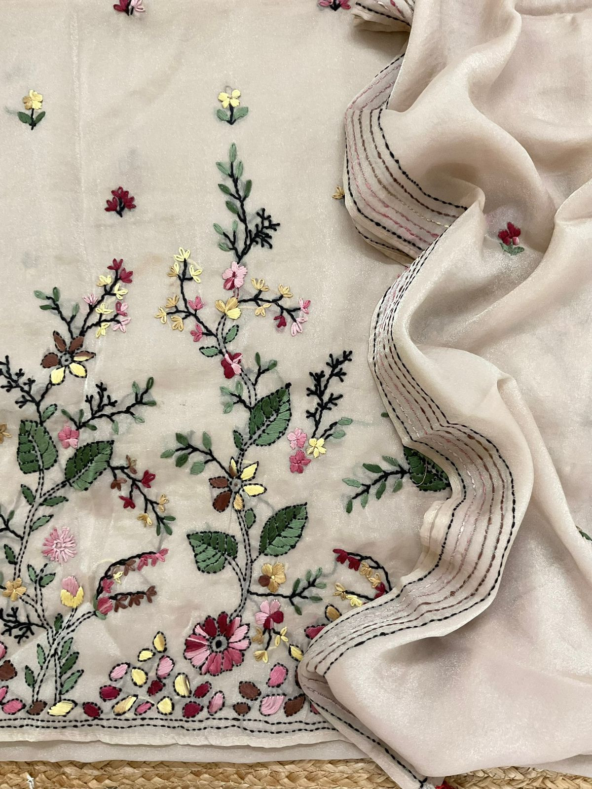 Pure Glass Tissue Embroidered Suit - Light Beige