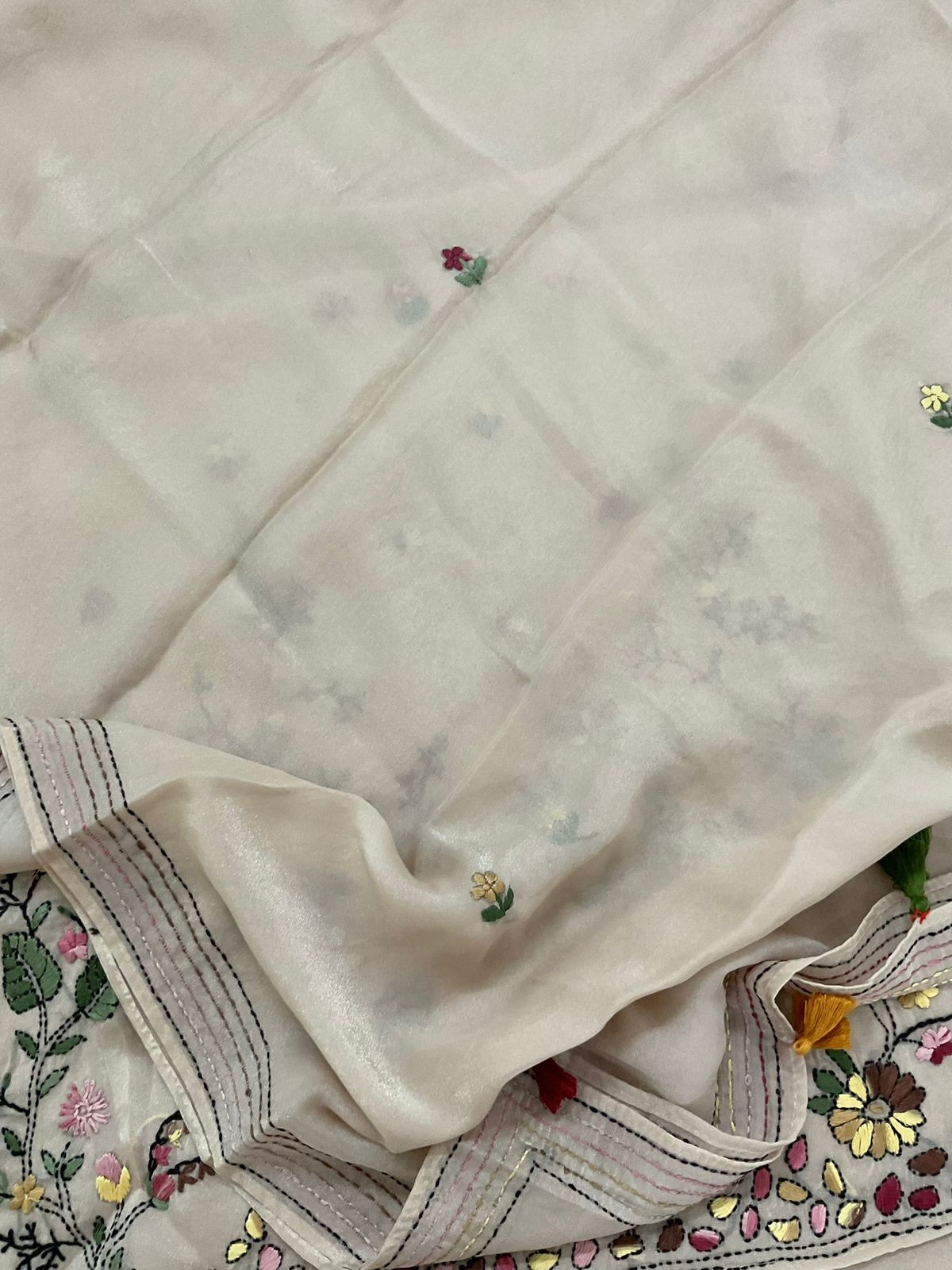 Pure Glass Tissue Embroidered Suit - Light Beige