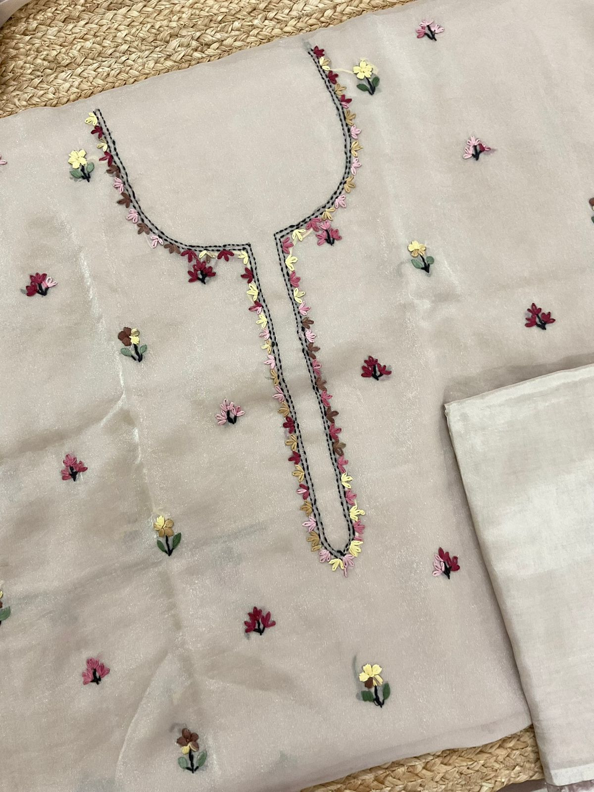 Pure Glass Tissue Embroidered Suit - Light Beige