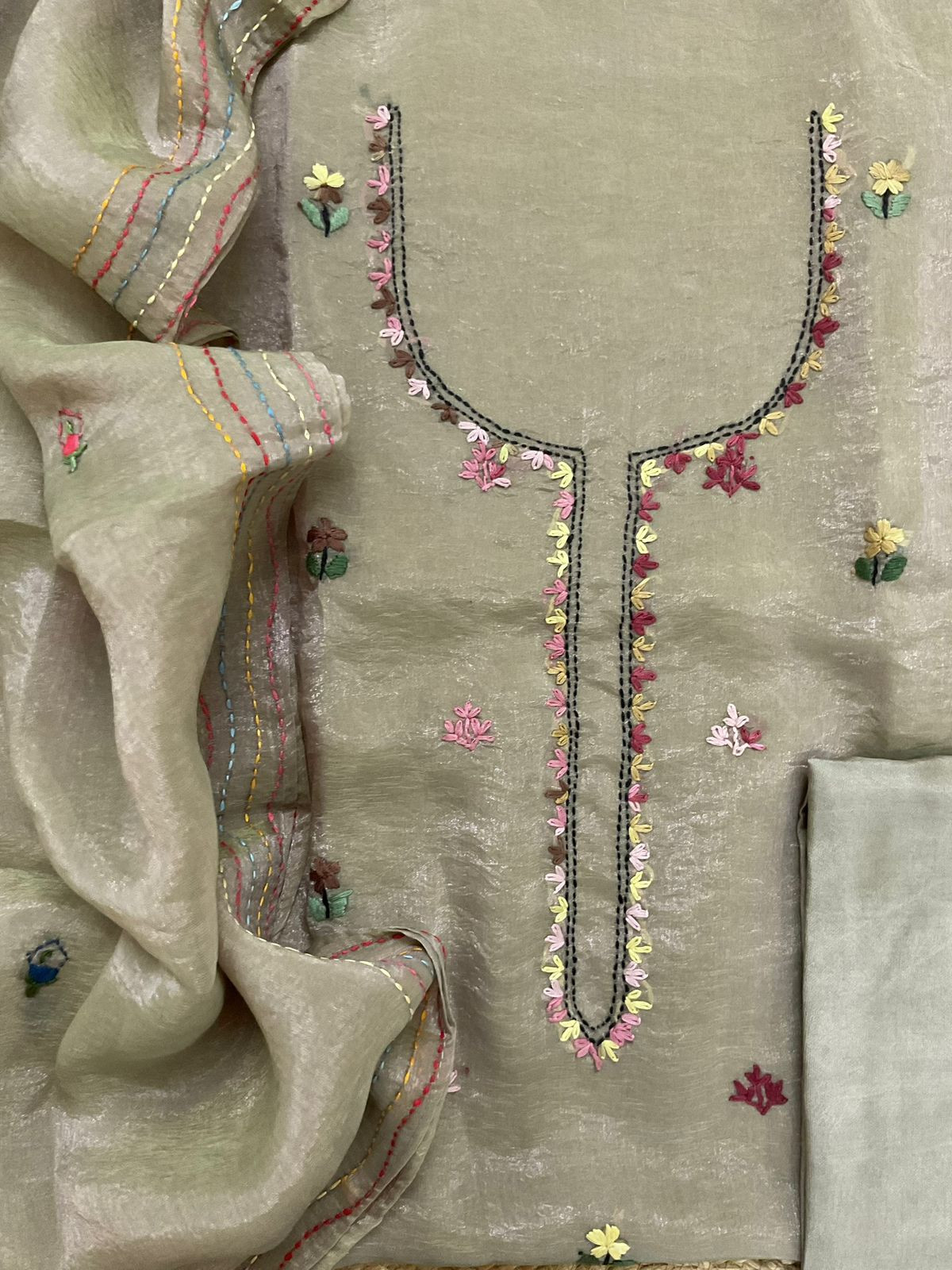 Pure Glass Tissue Embroidered Suit - Light Brown