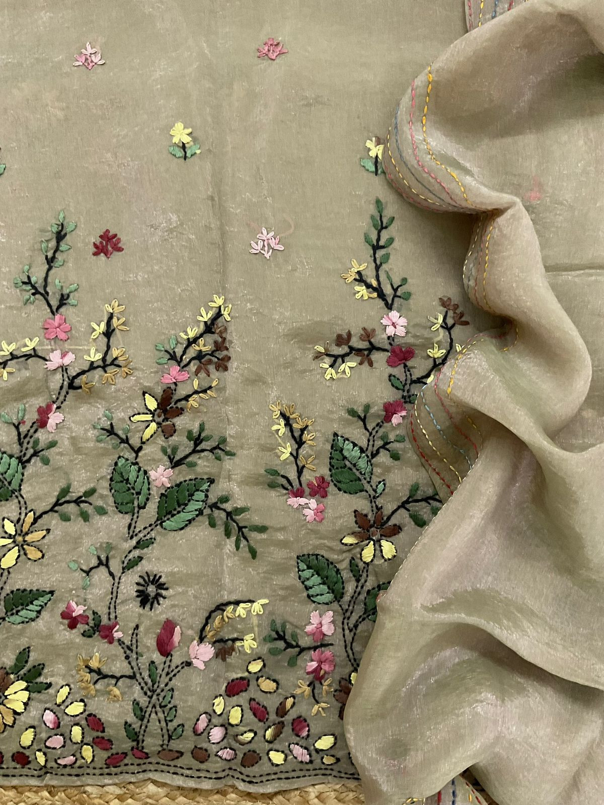 Pure Glass Tissue Embroidered Suit - Light Brown