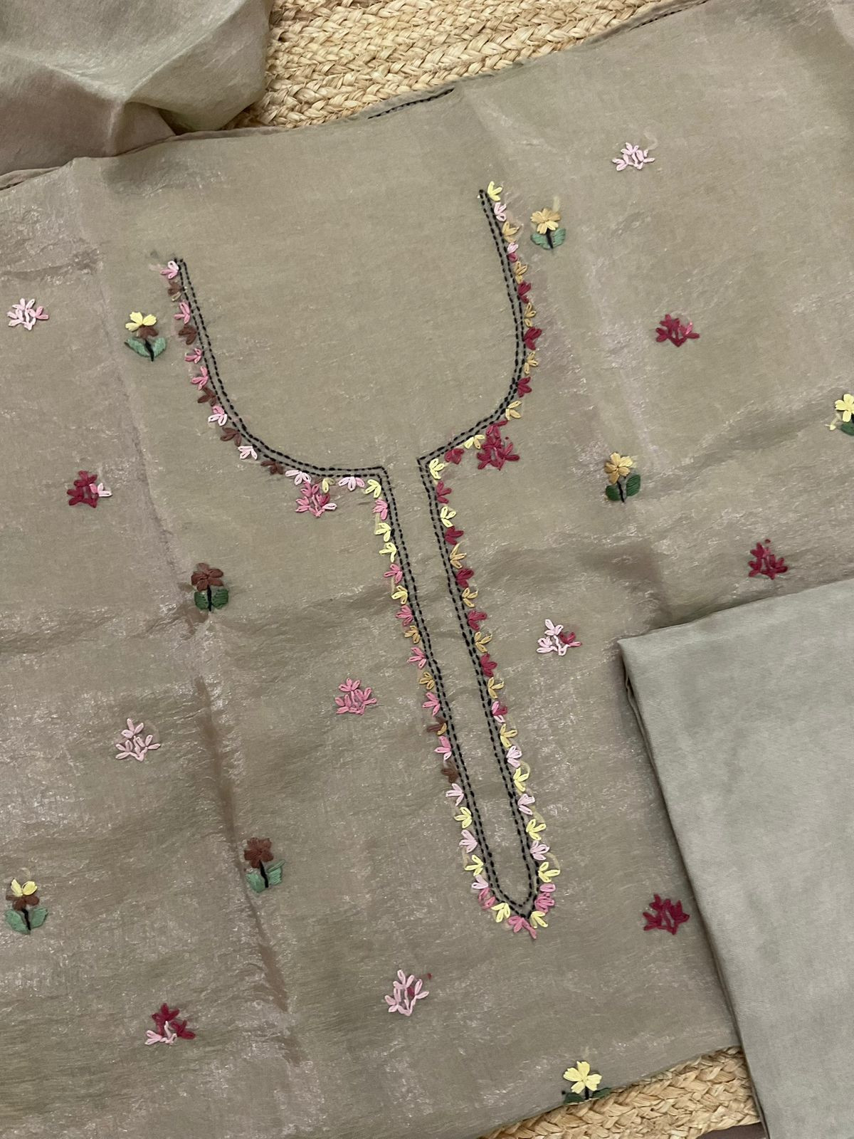 Pure Glass Tissue Embroidered Suit - Light Brown