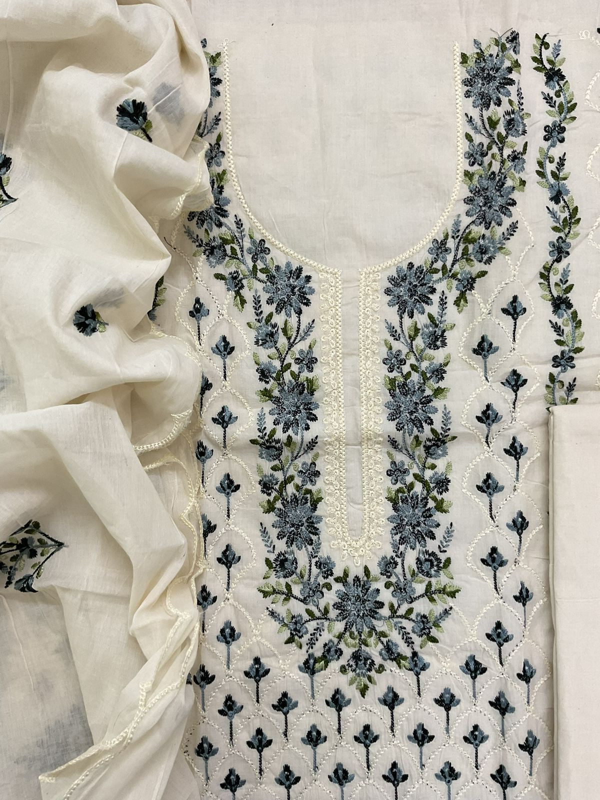 Pure Cotton Embroidered Suit - Cream