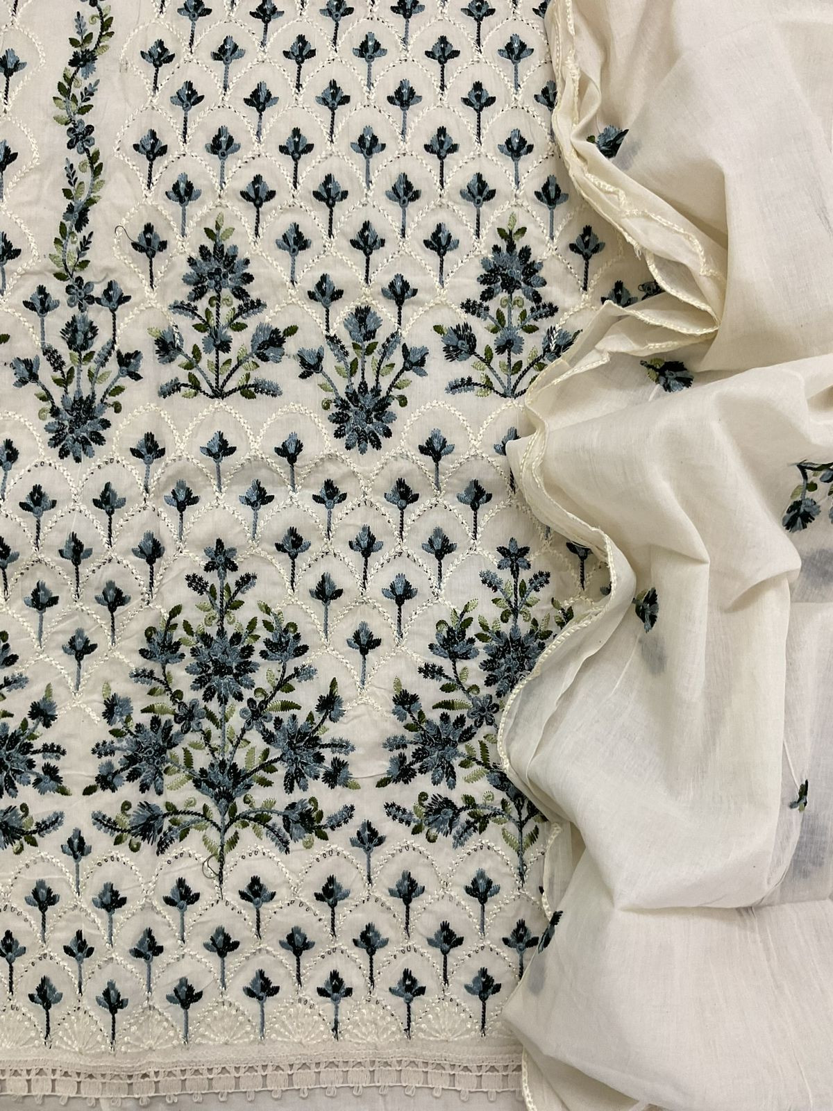 Pure Cotton Embroidered Suit - Cream